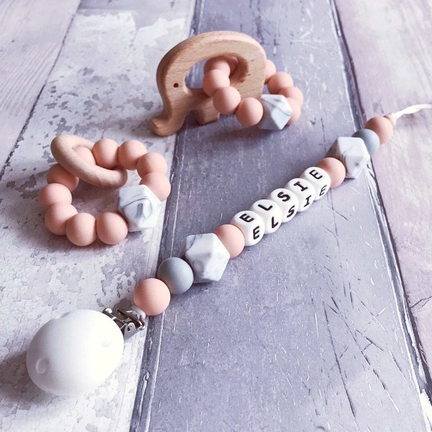 Dummy Clip and Teether Set - Soft peach