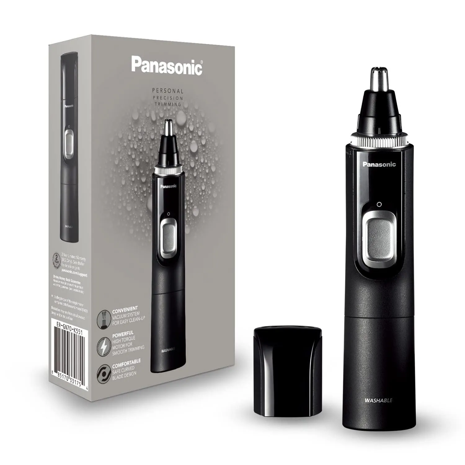 Ear and Nose Hair Trimmer for Men with Vacuum Cleaning System, Powerful Motor and Dual-Edge Blades for Smoother Cutting, Wet/Dry – ER-GN70-K (Black)