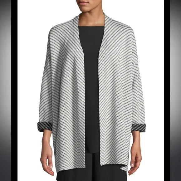 Eileen Fisher Optic Stripe Silk/Cotton Cardigan