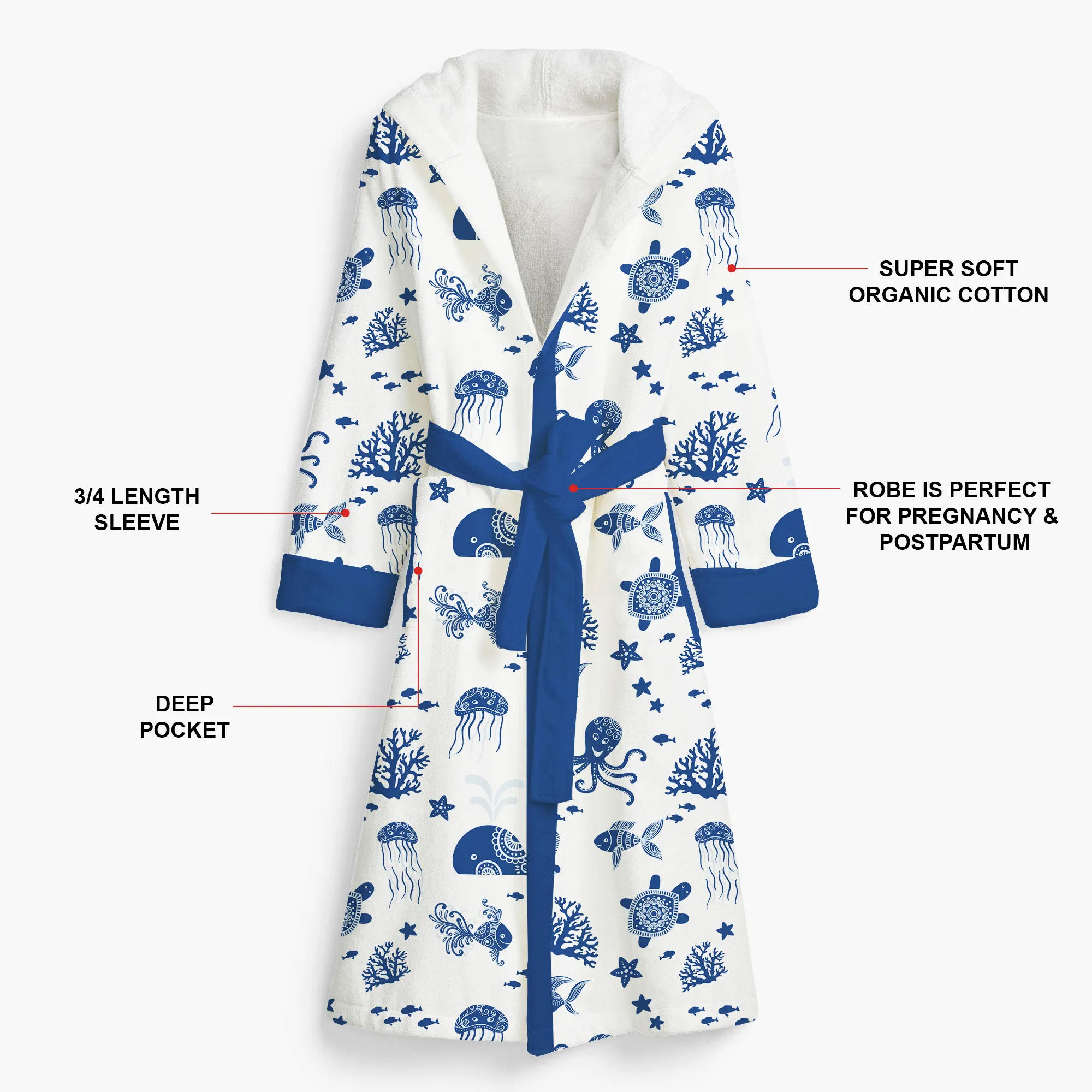 Endanzoo Organic Cotton Maternity Robe For Mom - Deep Sea