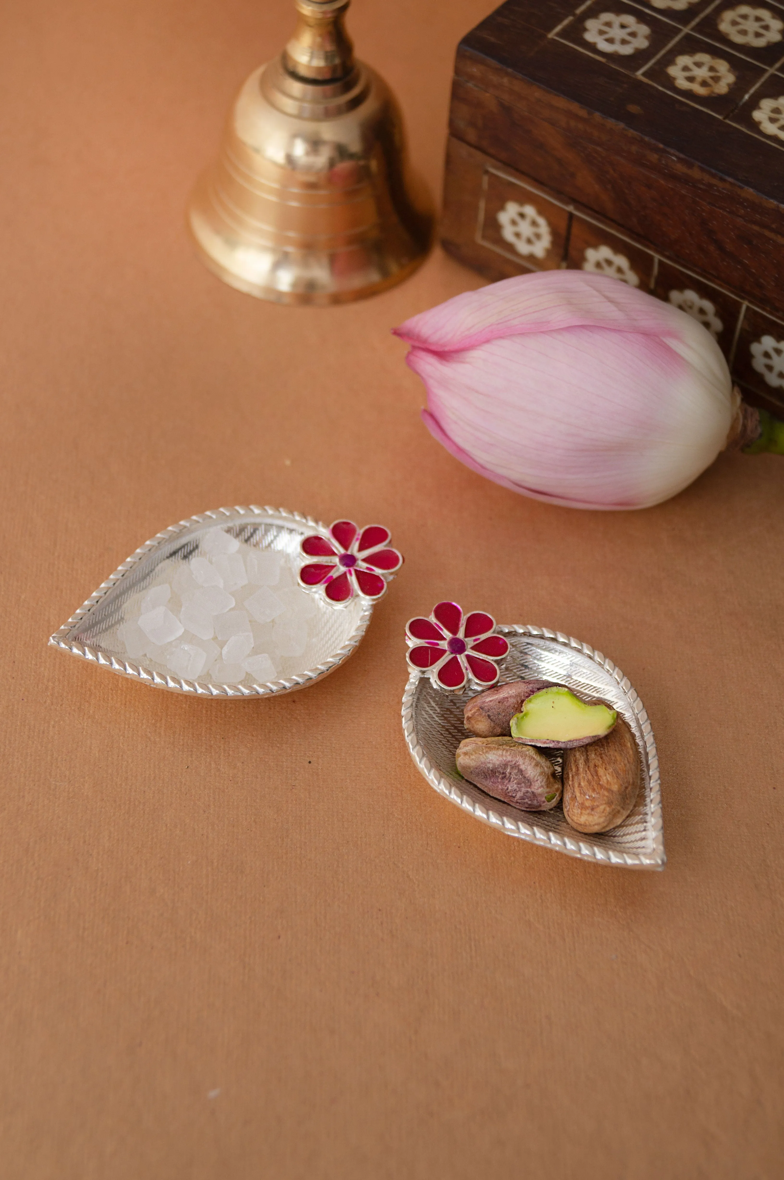 Exquisite Sterling Silver Flower Mini Meena Prasad Plate Set Of 2