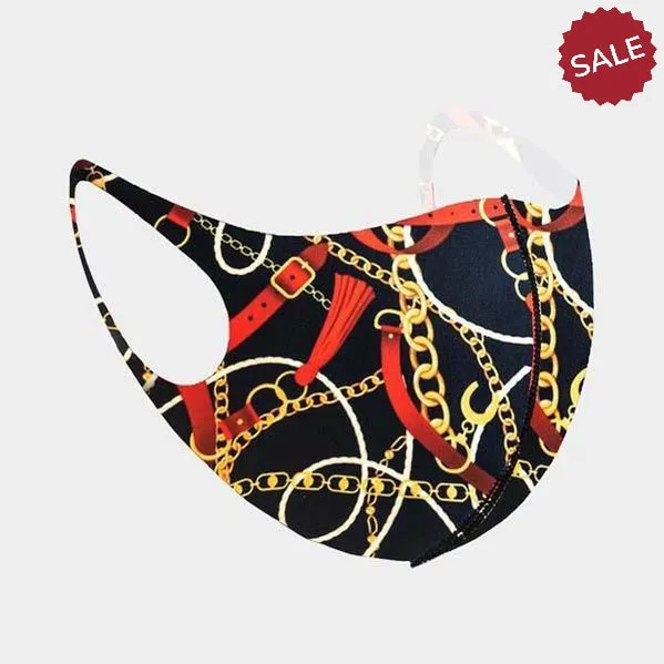 Face Mask Navy Blue Belt Chain Print 3D Fit