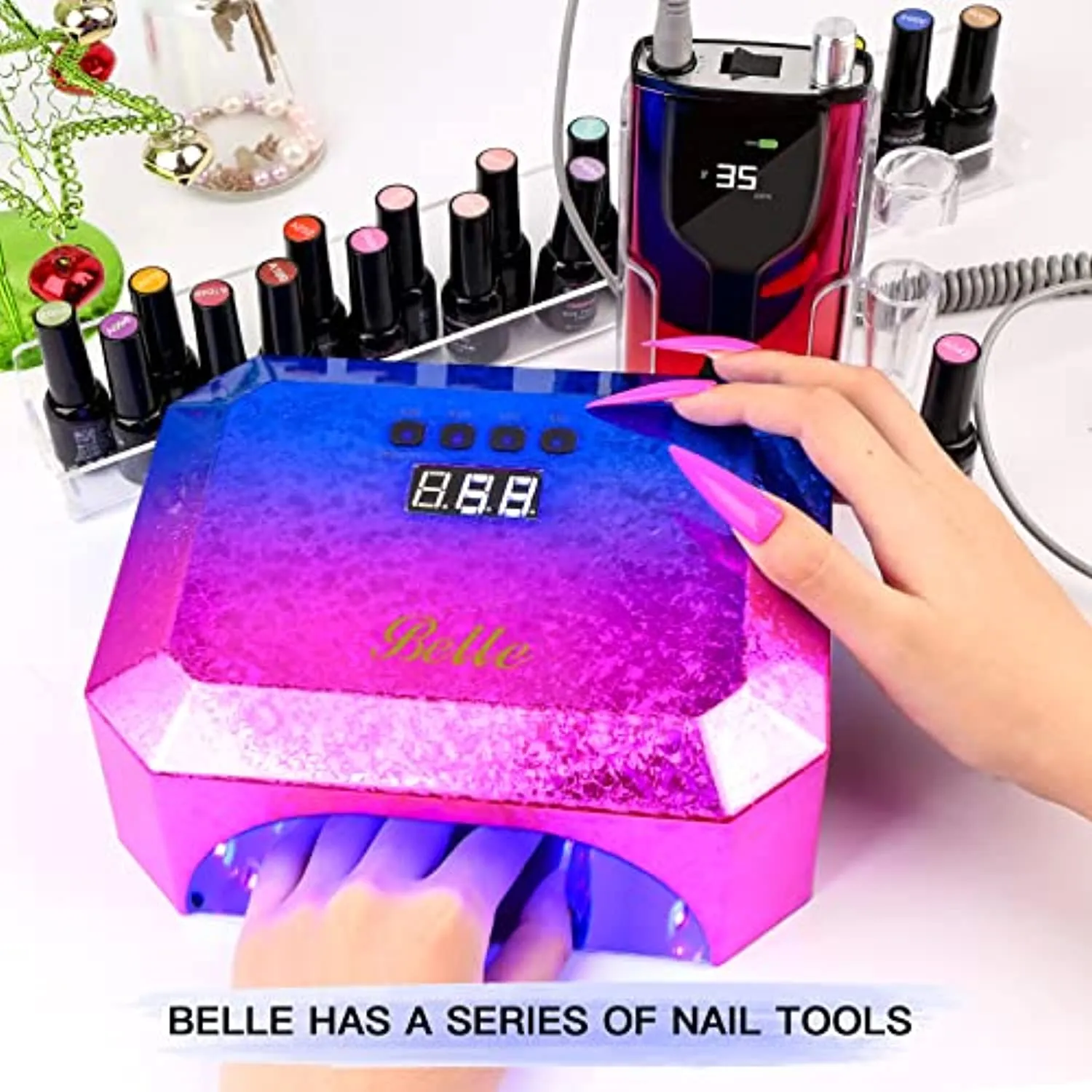 Gel UV Nail Lamp , Belle Rechargeable Nail Dryer, Led Nail Light Portable Gel UV Led Nail Lamp with 4 Timer Setting Sensor and LCD Display, Professional Led UV Lamp for Gel Polish