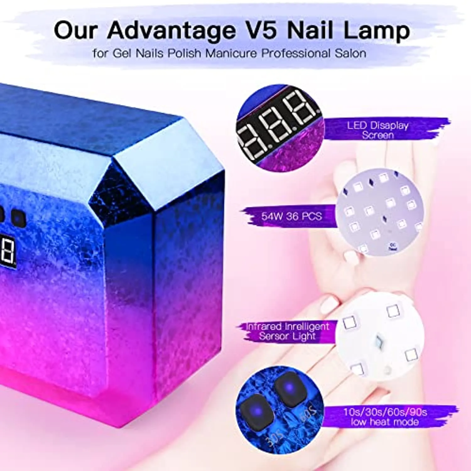Gel UV Nail Lamp , Belle Rechargeable Nail Dryer, Led Nail Light Portable Gel UV Led Nail Lamp with 4 Timer Setting Sensor and LCD Display, Professional Led UV Lamp for Gel Polish