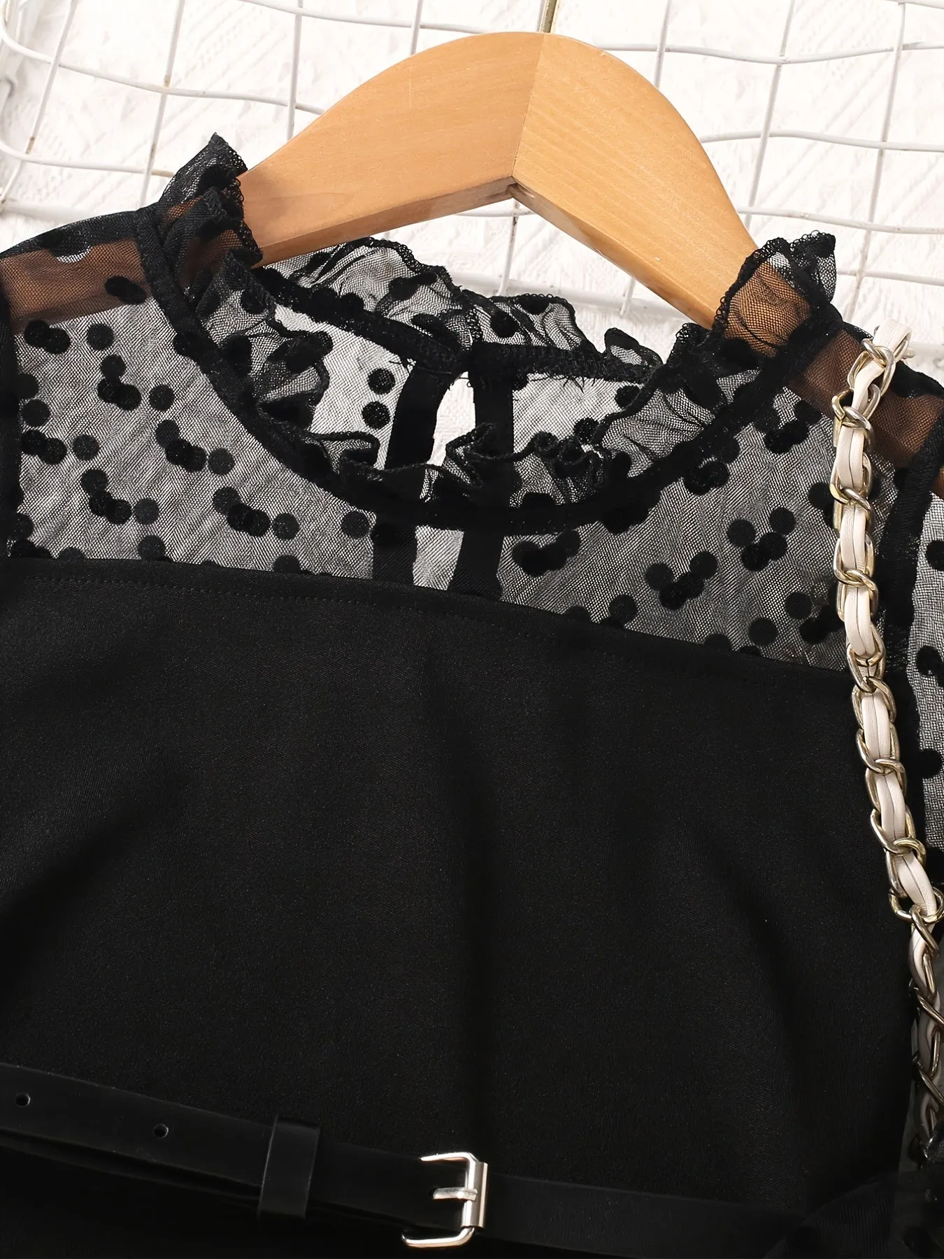 Girls Long Puff Sleeve Black Polka Dot Print Splicing Tulle Dress With Belt