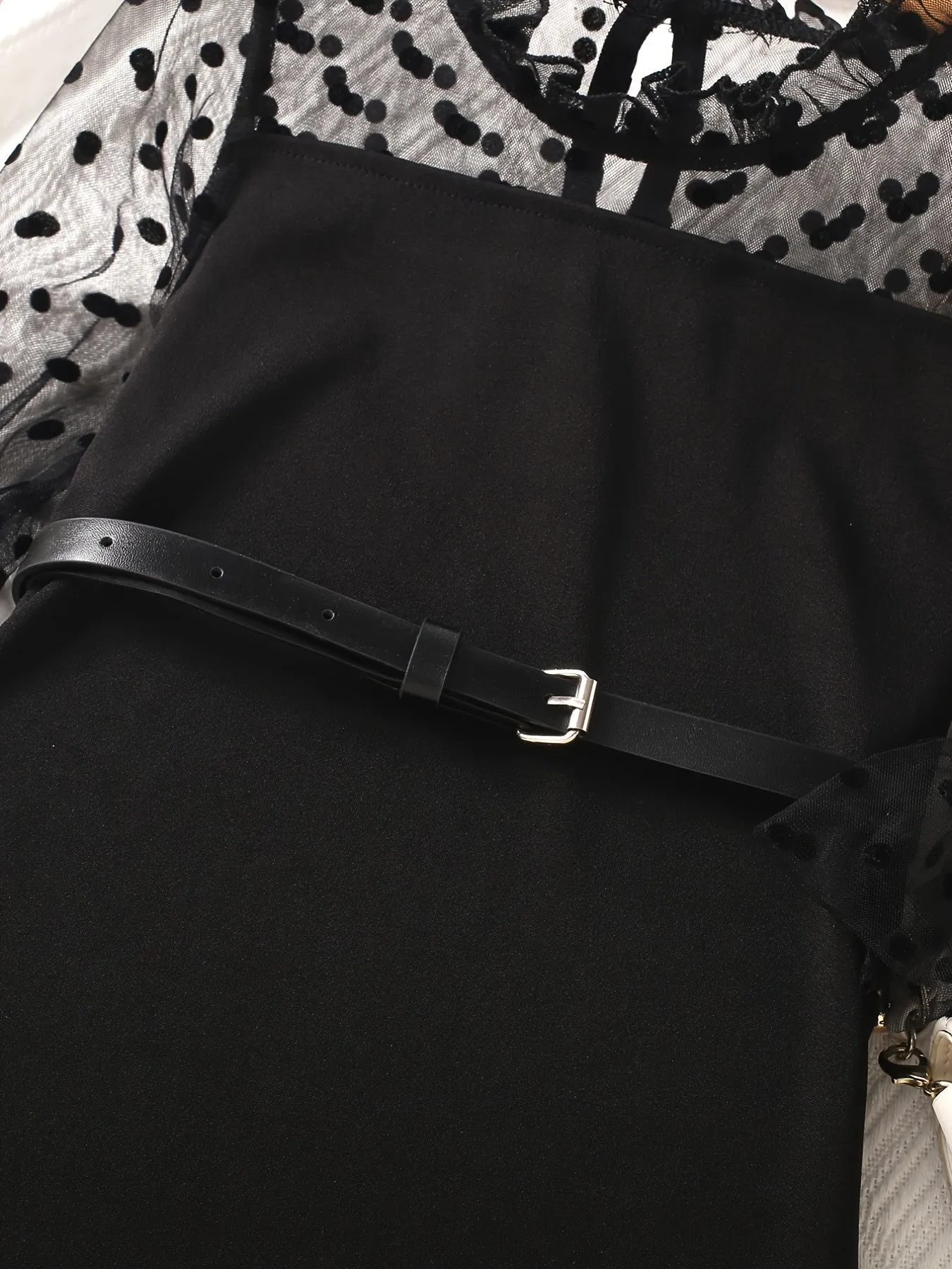Girls Long Puff Sleeve Black Polka Dot Print Splicing Tulle Dress With Belt