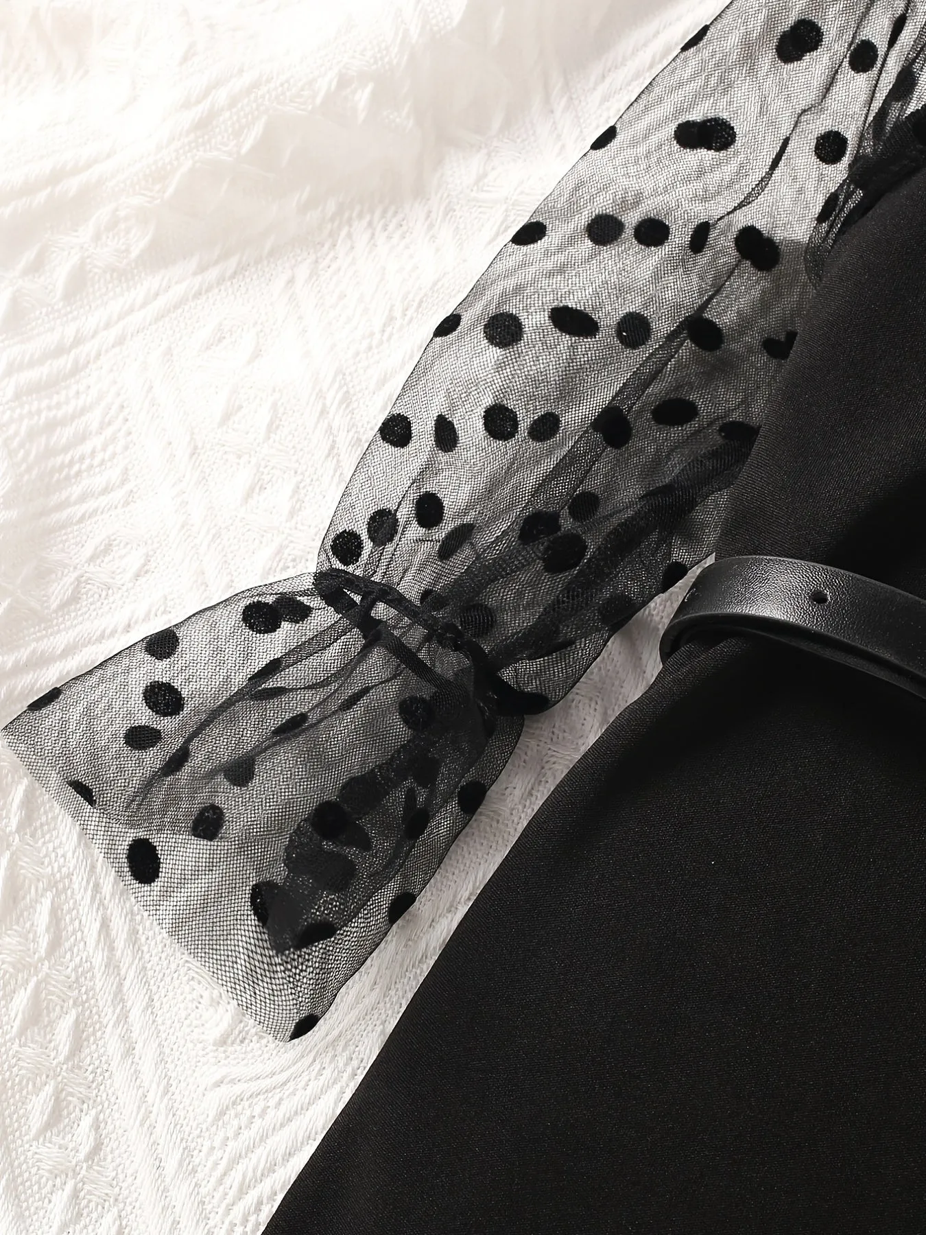 Girls Long Puff Sleeve Black Polka Dot Print Splicing Tulle Dress With Belt
