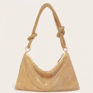 Gold Crystal Slouchy Evening Bag Double Knot Handle