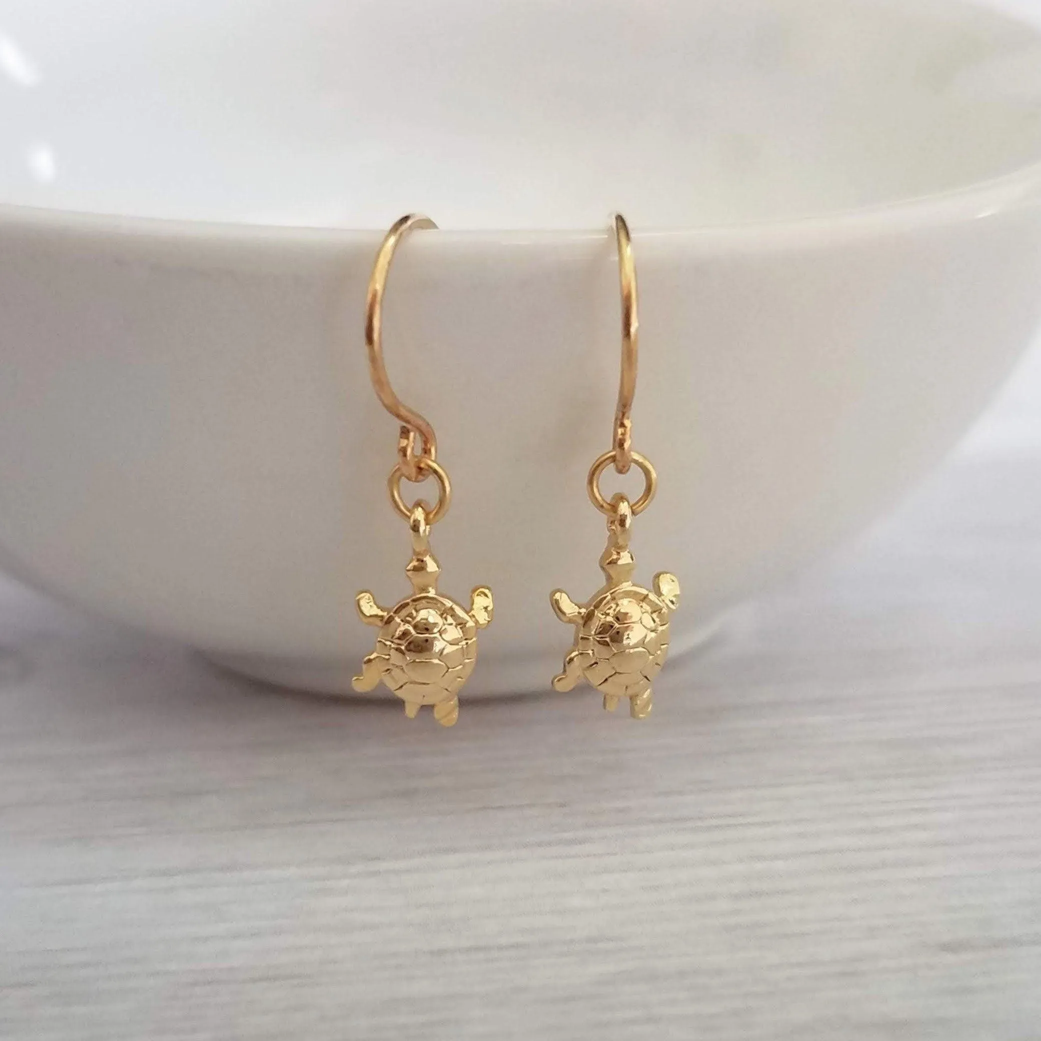 Gold Turtle Earrings - tiny turtle earring, turtle dangle earring, terrapin earring, painted turtle, snapping turtle, small turtle earring