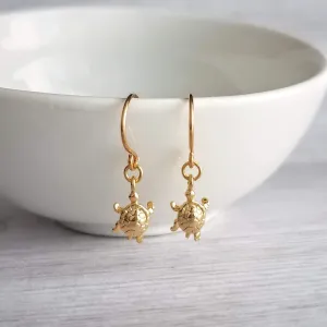 Gold Turtle Earrings - tiny turtle earring, turtle dangle earring, terrapin earring, painted turtle, snapping turtle, small turtle earring