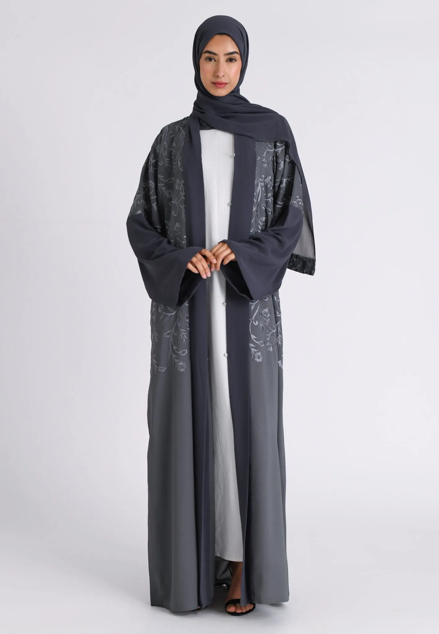 Grey Floral Bloom Kimono Abaya (Premium)