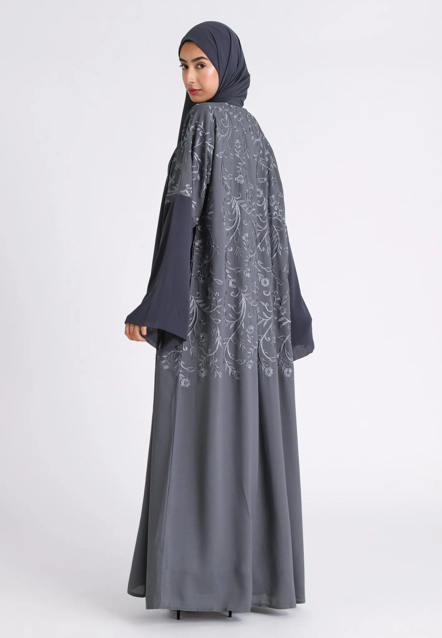 Grey Floral Bloom Kimono Abaya (Premium)