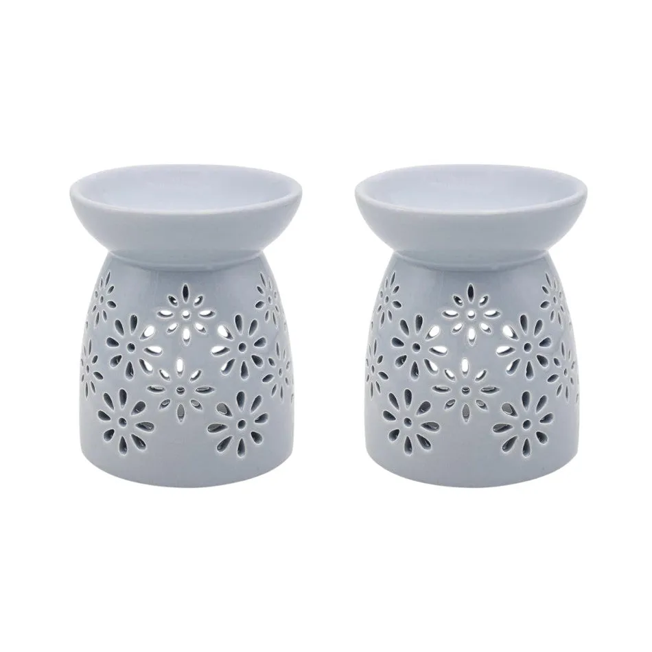 Grey Flowers Tea Light Wax Melt Warmer Oil Burner - Set Of 2