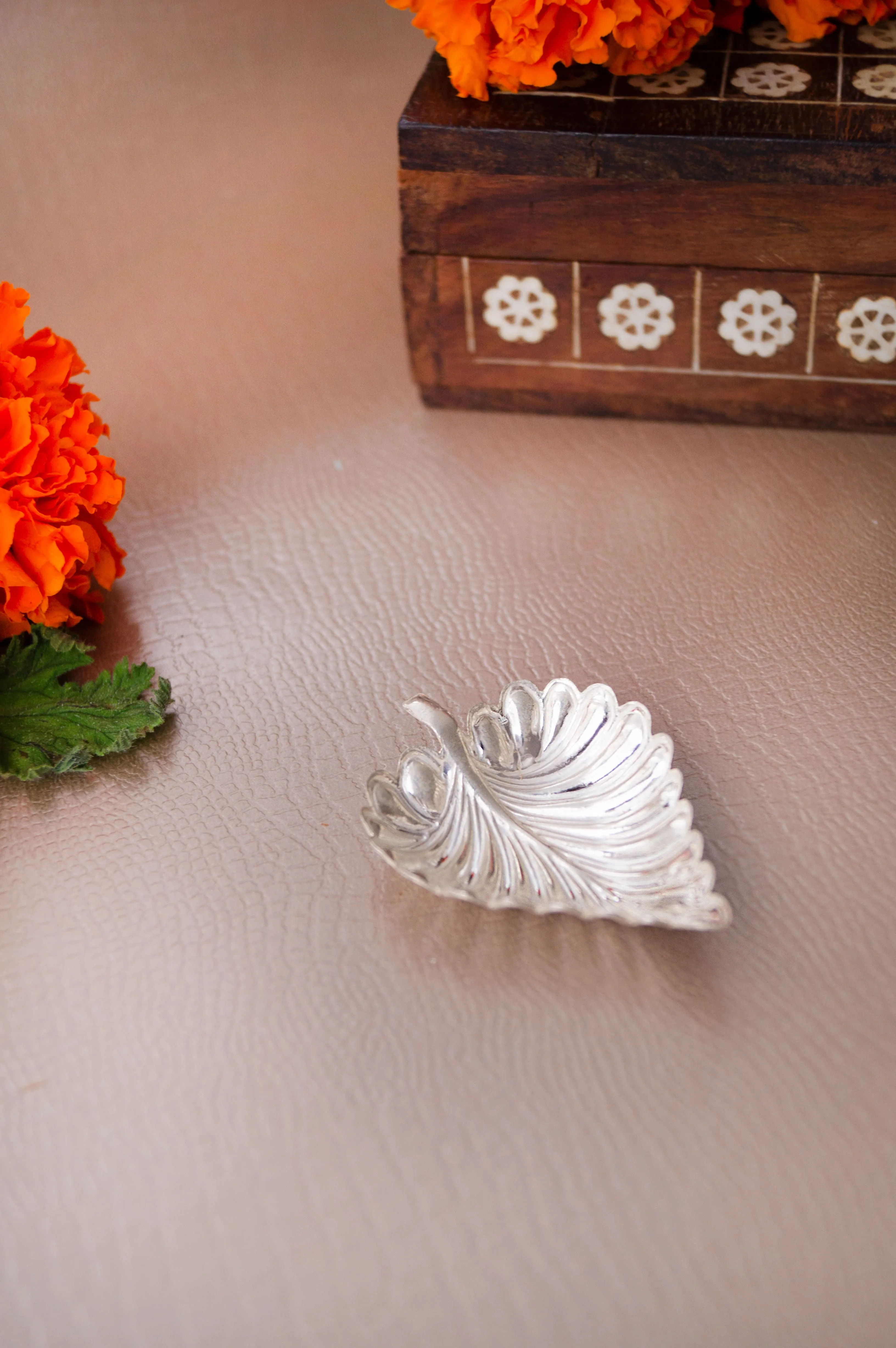 Handcrafted 925 Sterling Silver Mini Leaf Prasad Plate