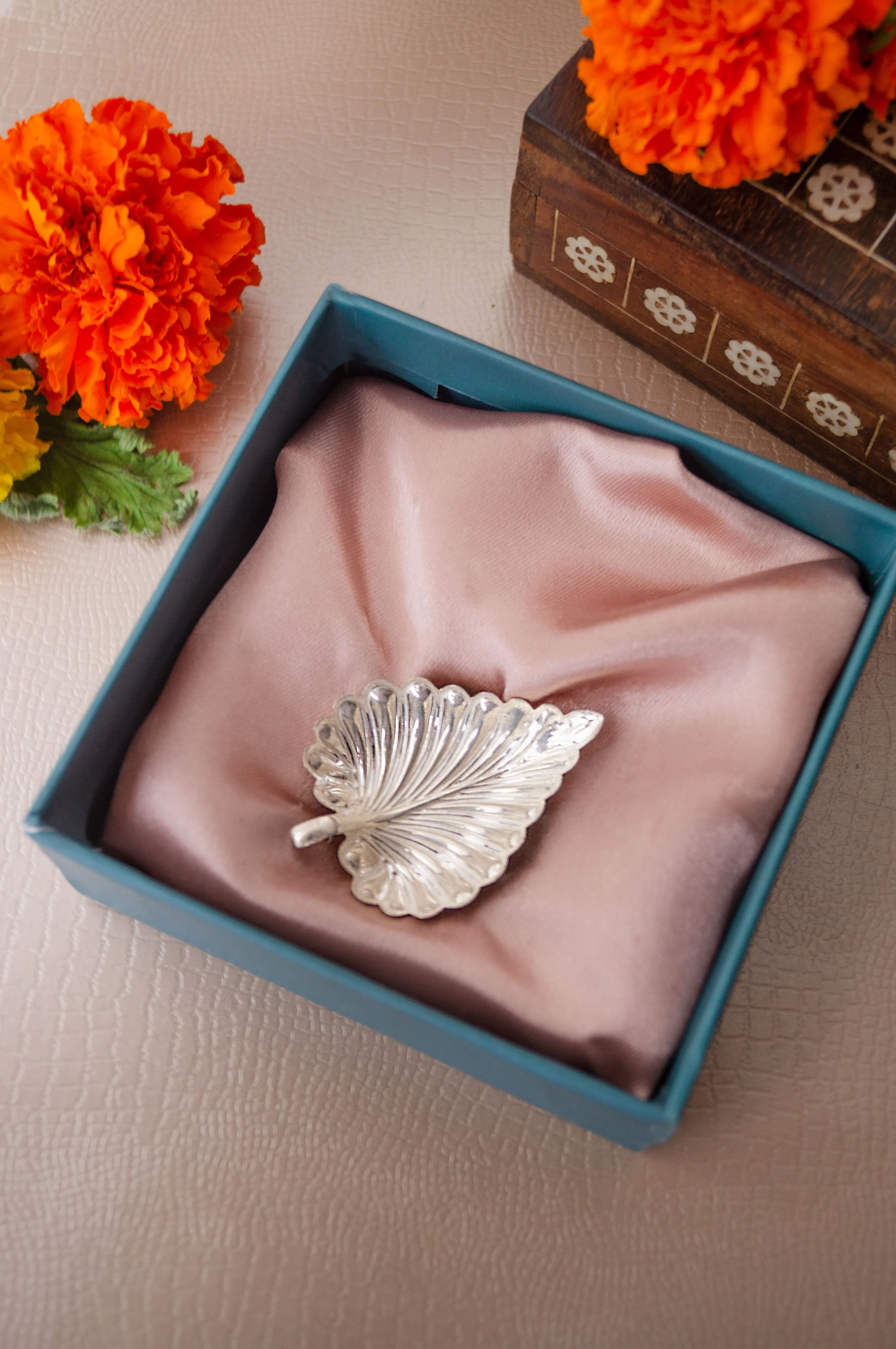 Handcrafted 925 Sterling Silver Mini Leaf Prasad Plate