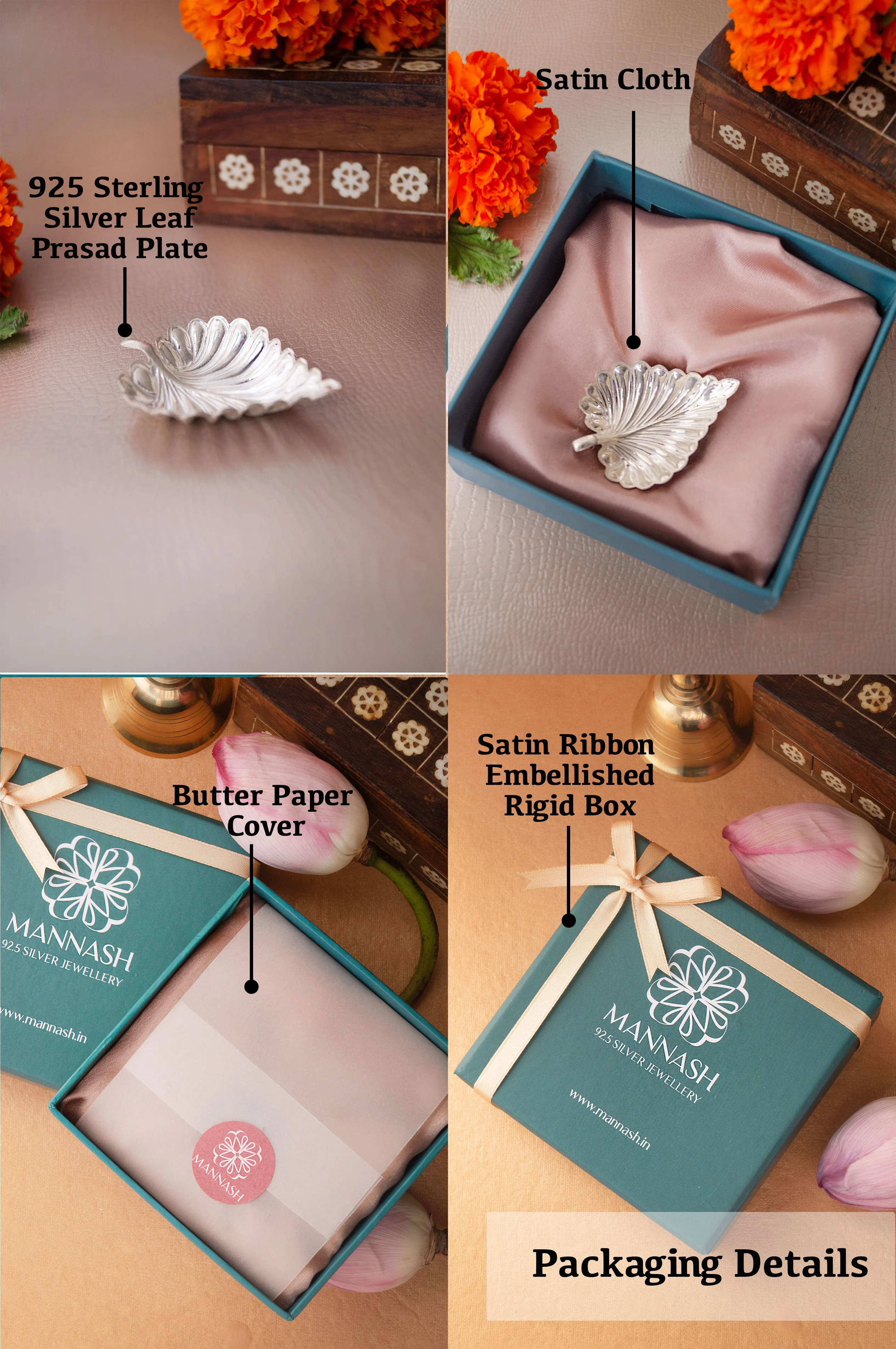 Handcrafted 925 Sterling Silver Mini Leaf Prasad Plate