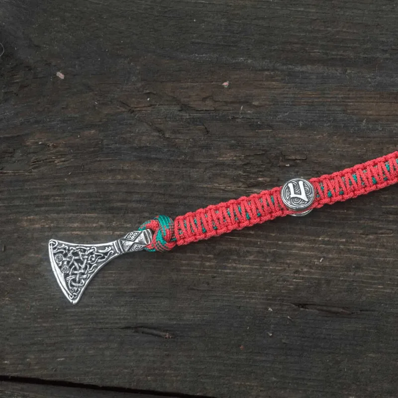 Handcrafted Viking Axe with Runes Paracord Bracelet Sterling Silver