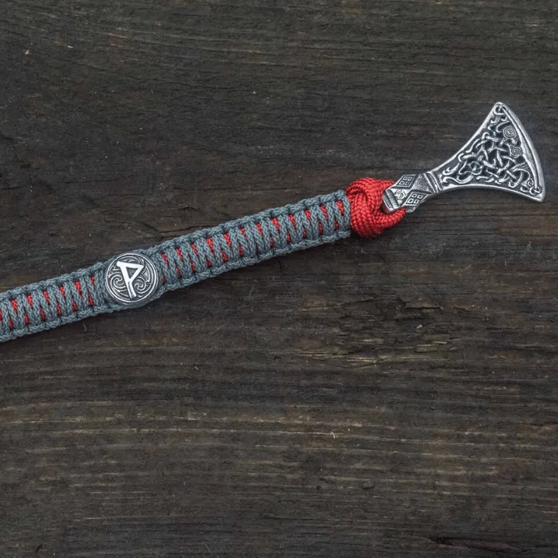 Handcrafted Viking Axe with Runes Paracord Bracelet Sterling Silver