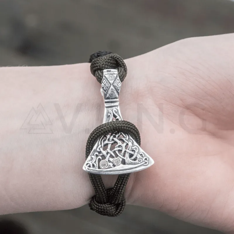 Handcrafted Viking Axe with Runes Paracord Bracelet Sterling Silver
