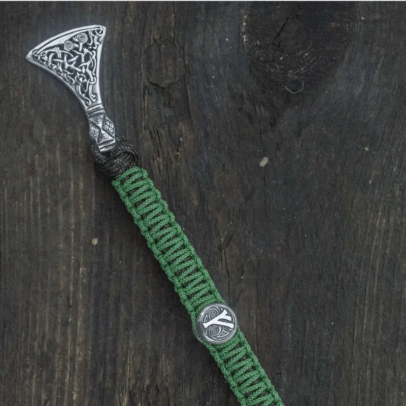 Handcrafted Viking Axe with Runes Paracord Bracelet Sterling Silver