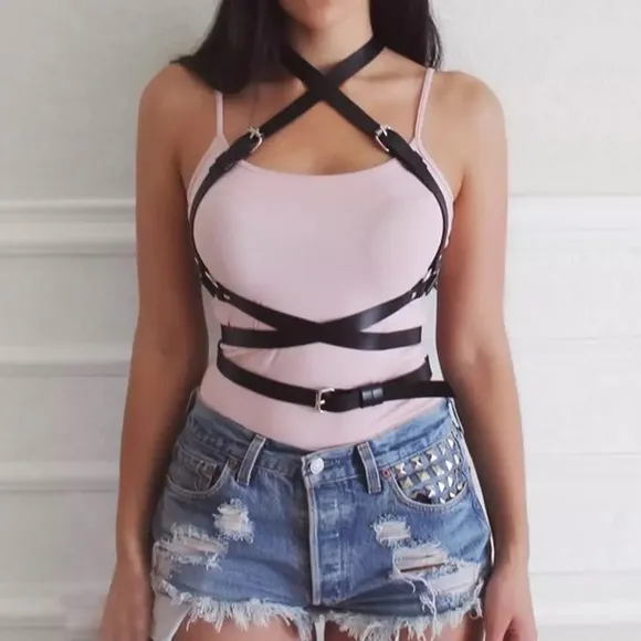 Harness Suspender Women Men Faux Leather Black Belt Straps