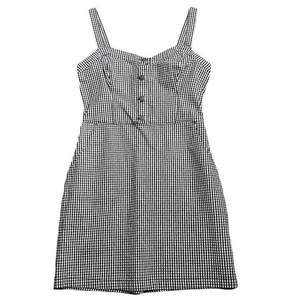 HOLLISTER Sweetheart Neck Stretch Denim Jumper Mini Dress Black &amp; White Gingham
