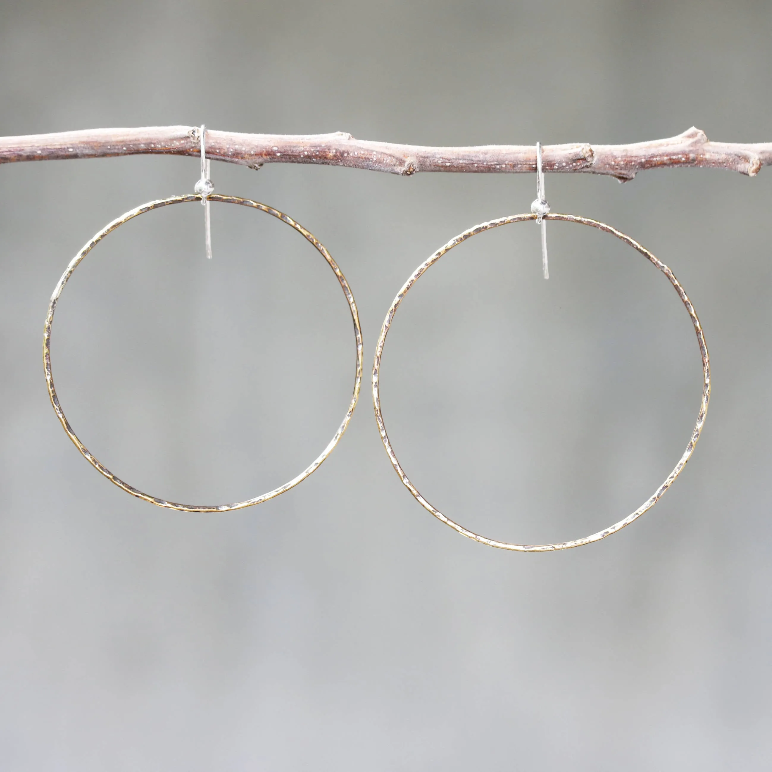 Hoop earrings brass hoop with oxidized hard hammer textured on sterling silver hooks style
