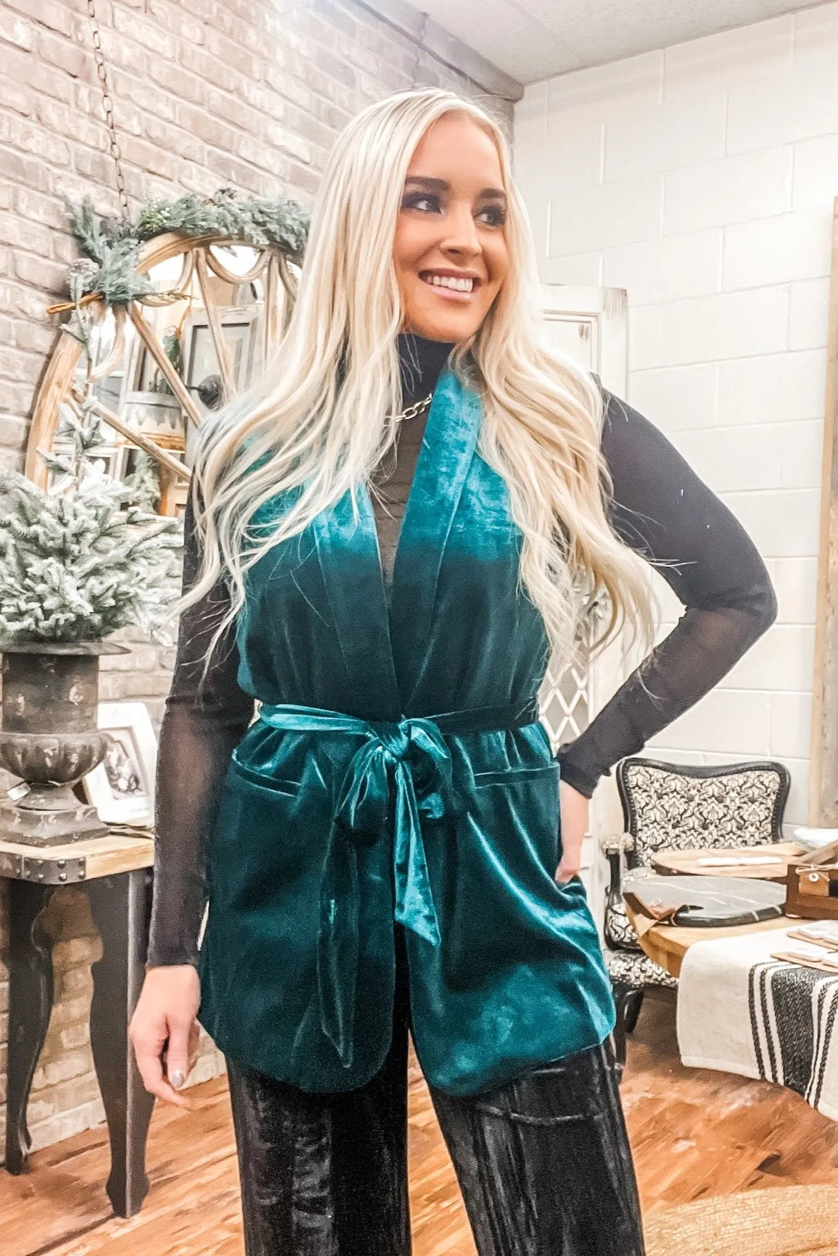 Hunter Green Velvet Vest with Tie