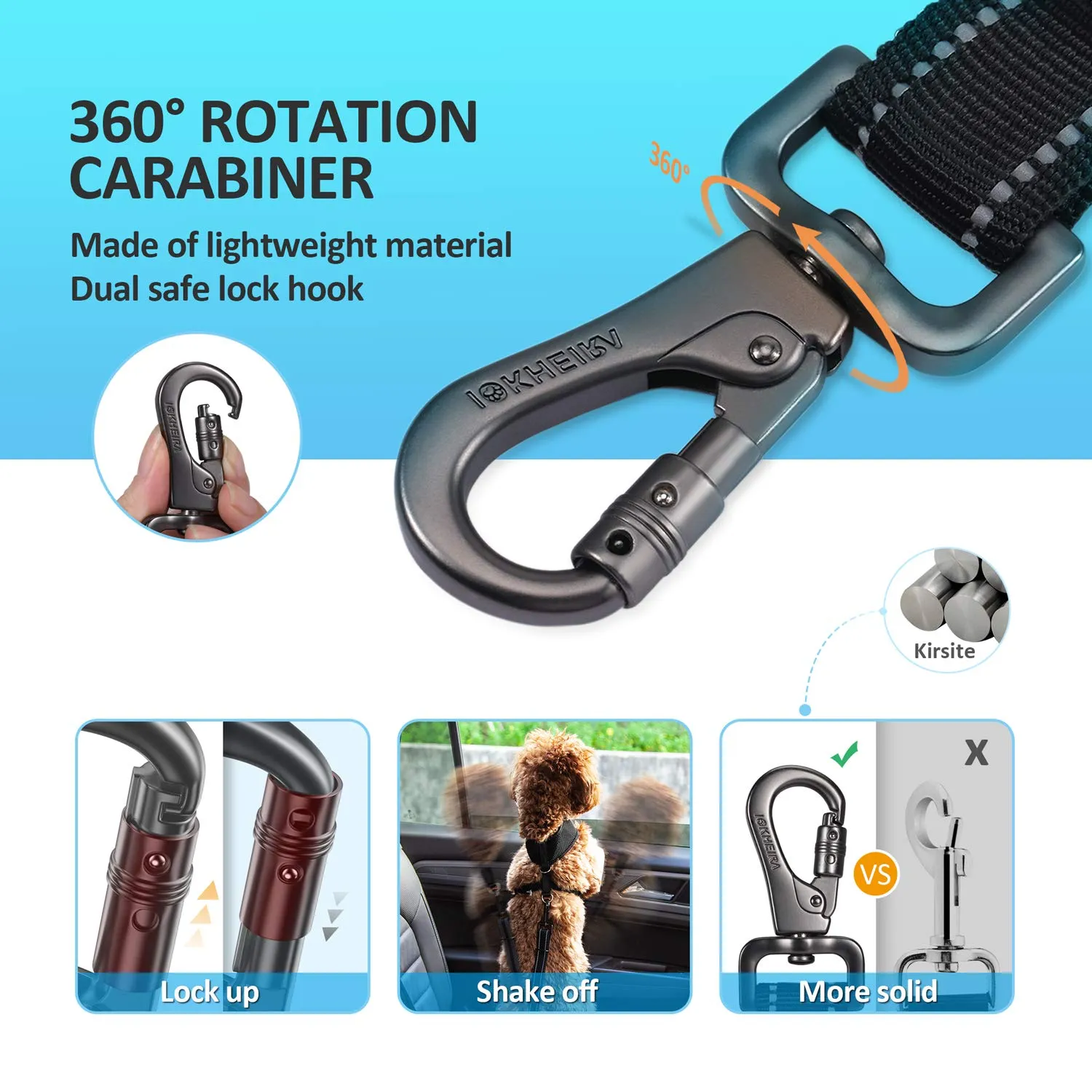 IOKHEIRA Dog Seat Belt 3-in-1Car Harness with Reflective Hook Latch, Buckle, Zinc Alloy Carabiner