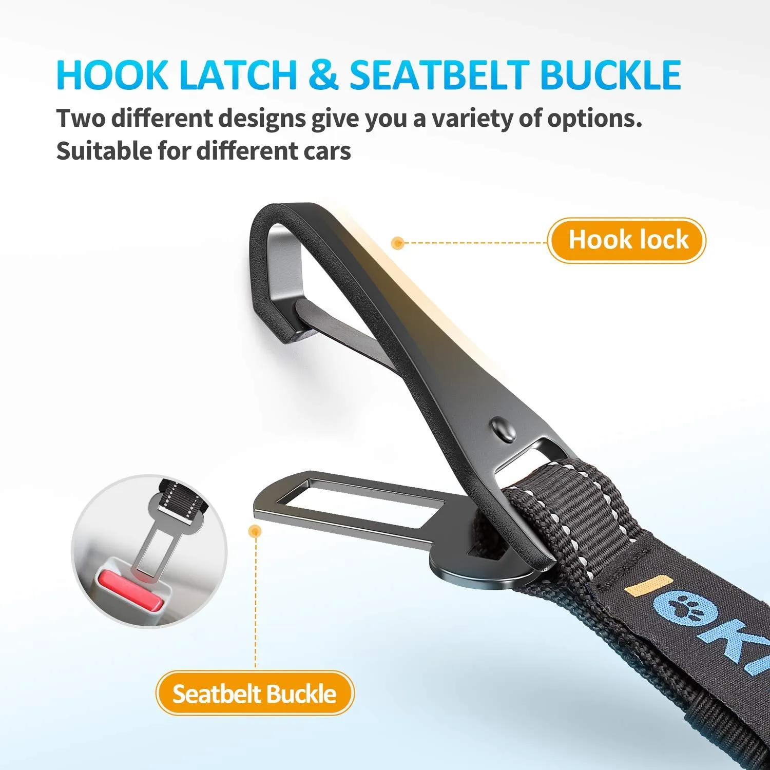 IOKHEIRA Dog Seat Belt 3-in-1Car Harness with Reflective Hook Latch, Buckle, Zinc Alloy Carabiner