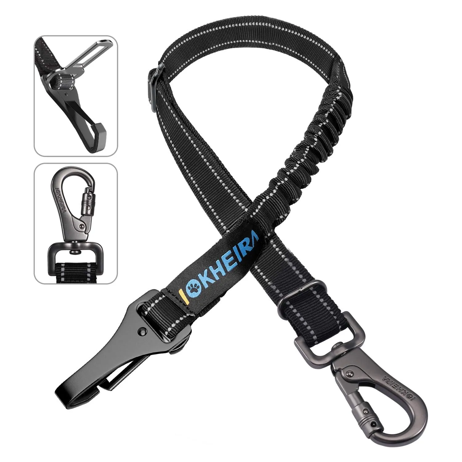 IOKHEIRA Dog Seat Belt 3-in-1Car Harness with Reflective Hook Latch, Buckle, Zinc Alloy Carabiner