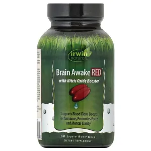 Irwin Naturals Brain Awake RED with Nitric Oxide Booster - 60 Liquid Soft-Gel - Support Brain Health & Optimize Performance - 20 Total Servings