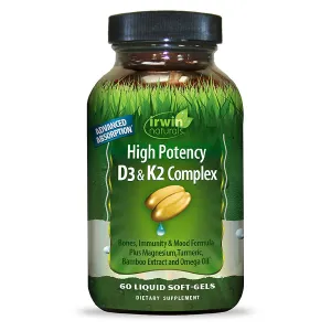 Irwin Naturals High Potency Mega D3 & K2   Turmeric Extract for Healthy Bones, Immune Function & Positive Mood - Advanced Absorption with Magnesium, Turmeric, Bamboo & Omega Oil - 60 Liquid Softgels