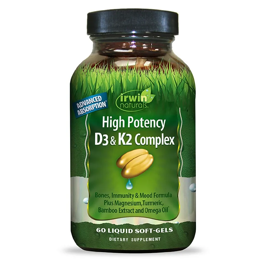 Irwin Naturals High Potency Mega D3 & K2   Turmeric Extract for Healthy Bones, Immune Function & Positive Mood - Advanced Absorption with Magnesium, Turmeric, Bamboo & Omega Oil - 60 Liquid Softgels
