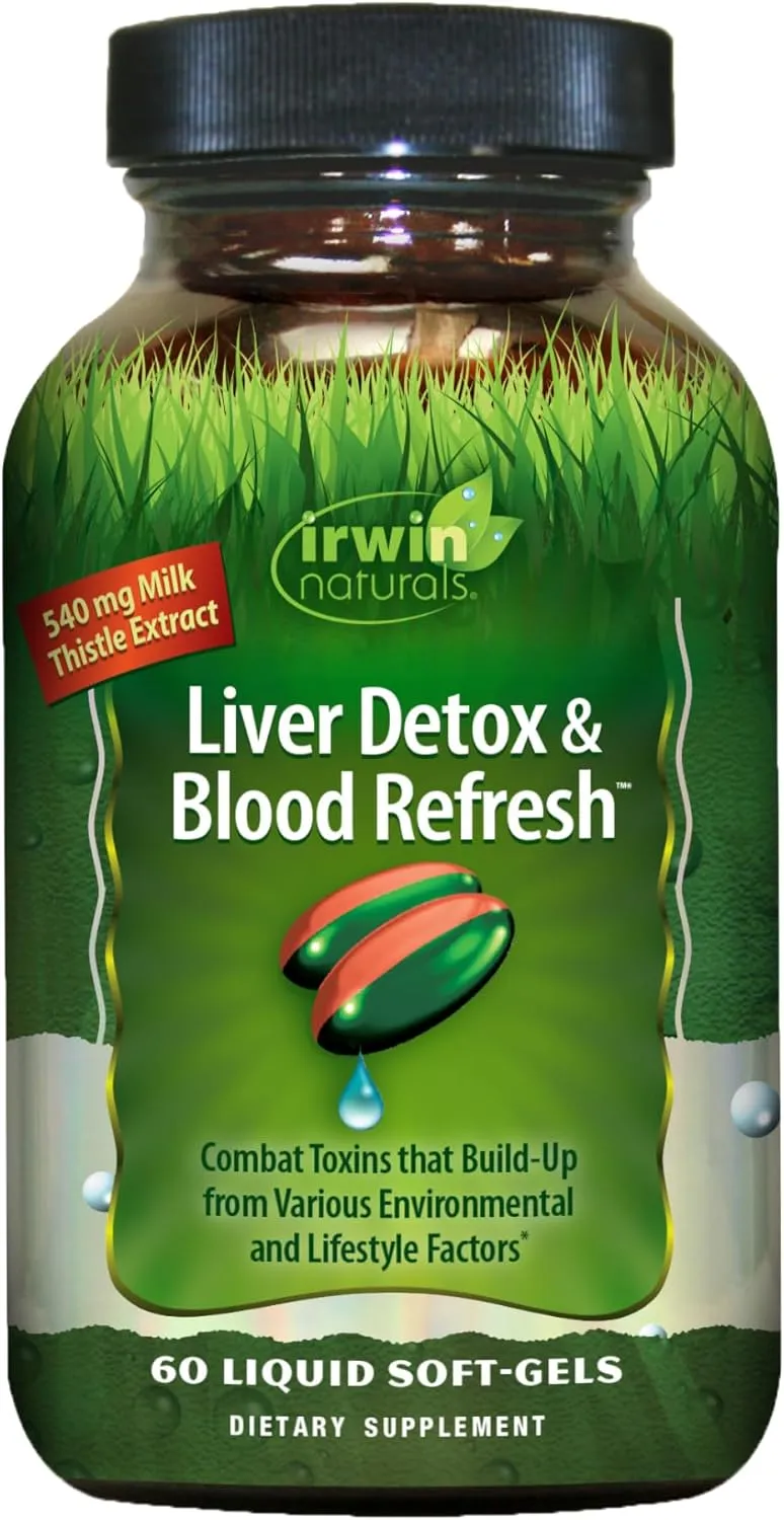Irwin Naturals Liver Detox & Blood Refresh Powerful Herbal Whole-Body Cleanse & Detox with 540mg Milk Thistle, Dandelion, Echinacea, Turmeric & More - Antioxidant Support - 60 Liquid Softgels