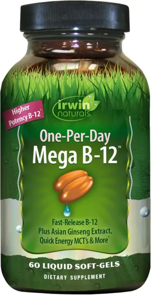 Irwin Naturals One-Per-Day Mega B-12 1,500mcg High Potency Methylcobalamin Vitamin - Fast Enhanced Absorption with MCT   Asian Ginseng - Natural Energy Boost - 60 Liquid Softgels