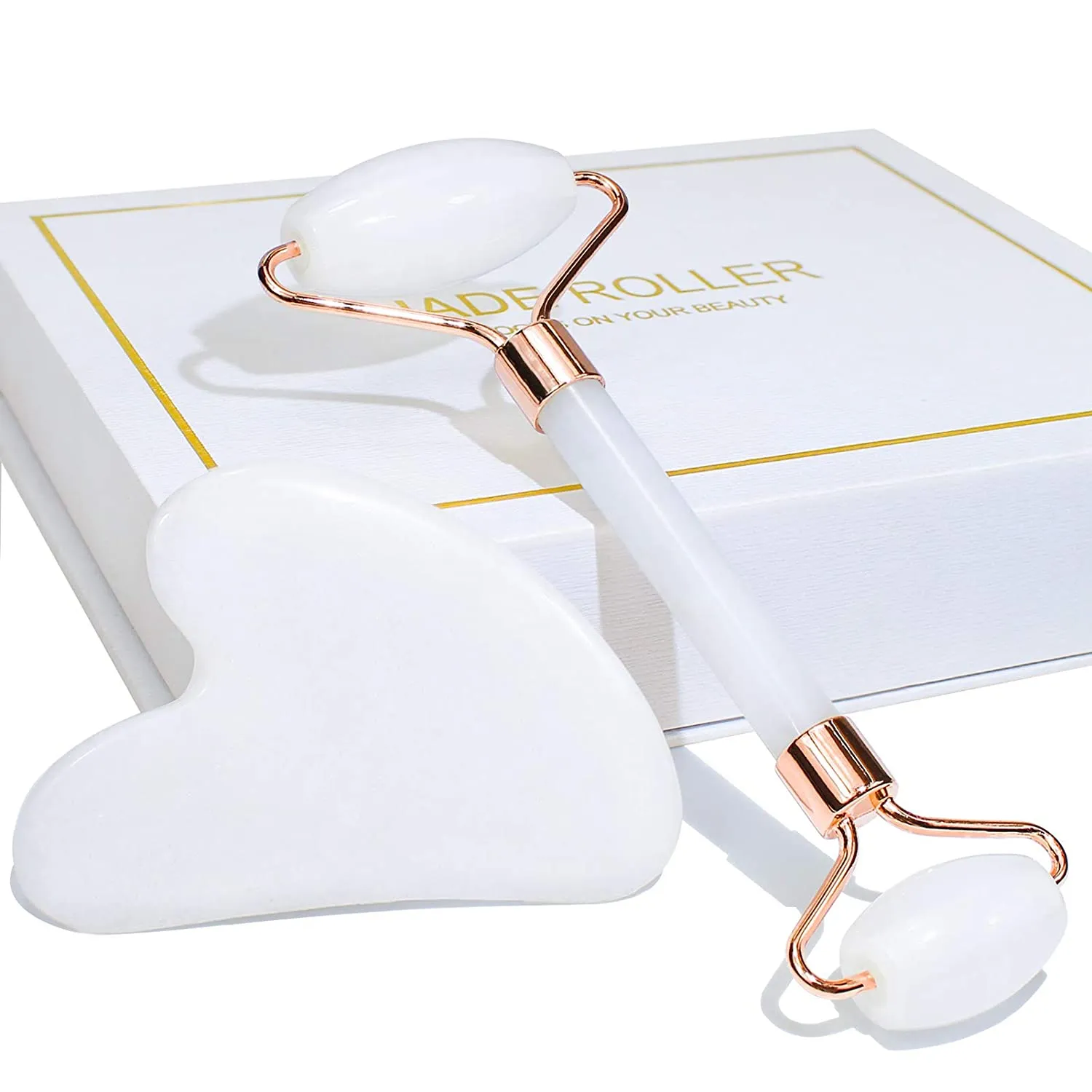 Jade Roller & Gua Sha, Face Roller, Facial Beauty Roller Skin Care Tools, BAIMEI Rose Quartz Massager for Face, Eyes, Neck, Body Muscle Relaxing and Relieve Fine Lines and Wrinkles