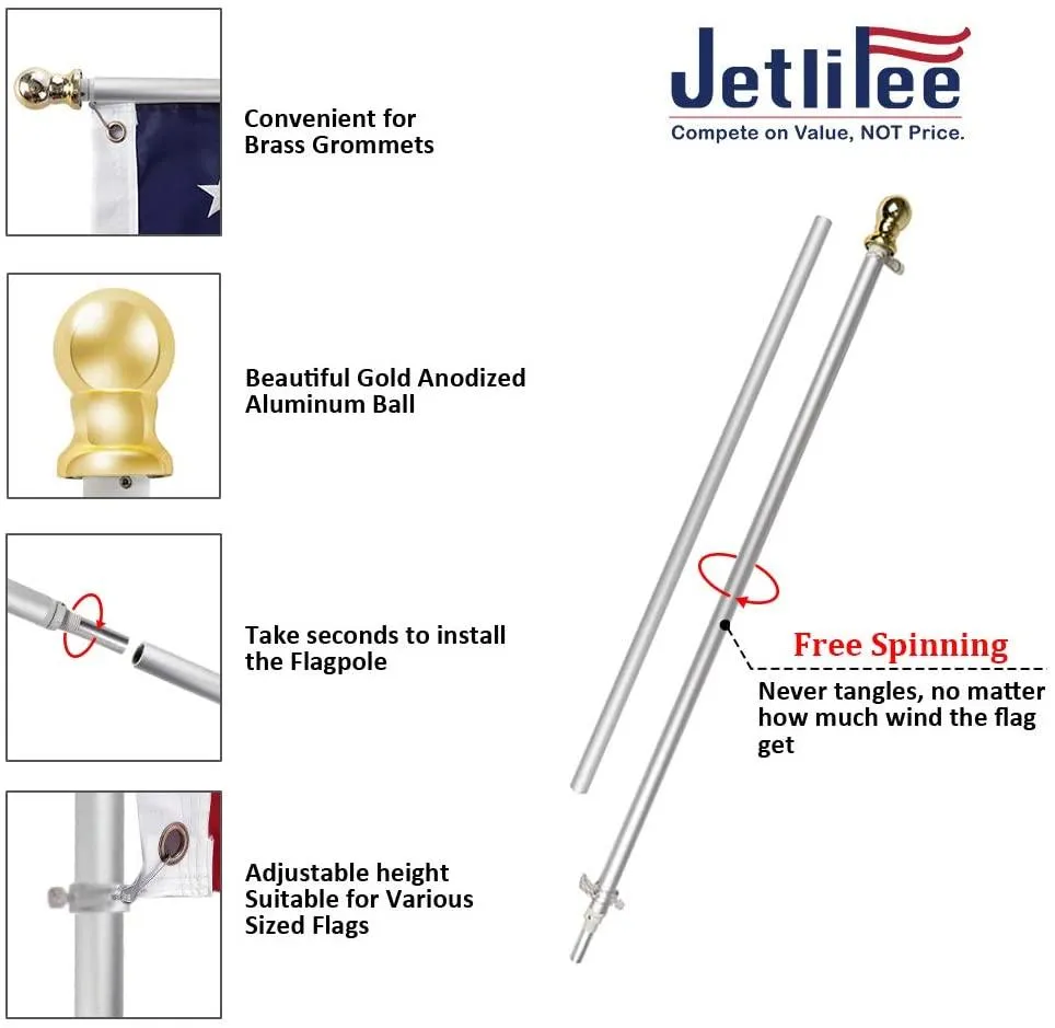 Jetlifee 3x5 FT US Flag with 6 FT Tangle Free Flagpole|american flag with mounting bracket|flag pole for high winds