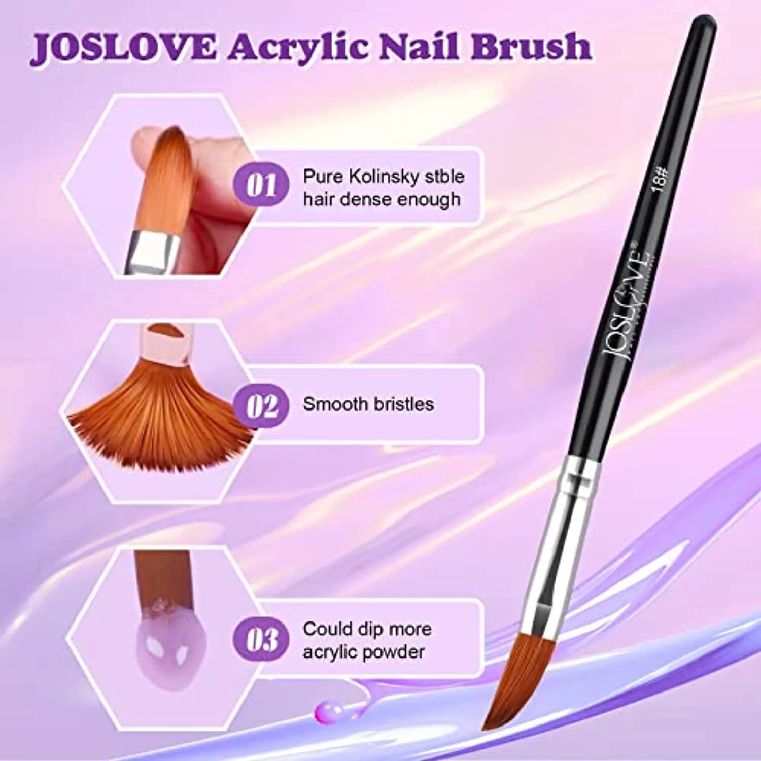 JOSLOVE Acrylic Nail Brush, Kolinsky Acrylic Nail Brush for Acrylic Application, Nail Brushes for Acrylic Powder, Pure Kolinsky Sable Hair, Wooden Handle, 2PCS (Size 18)