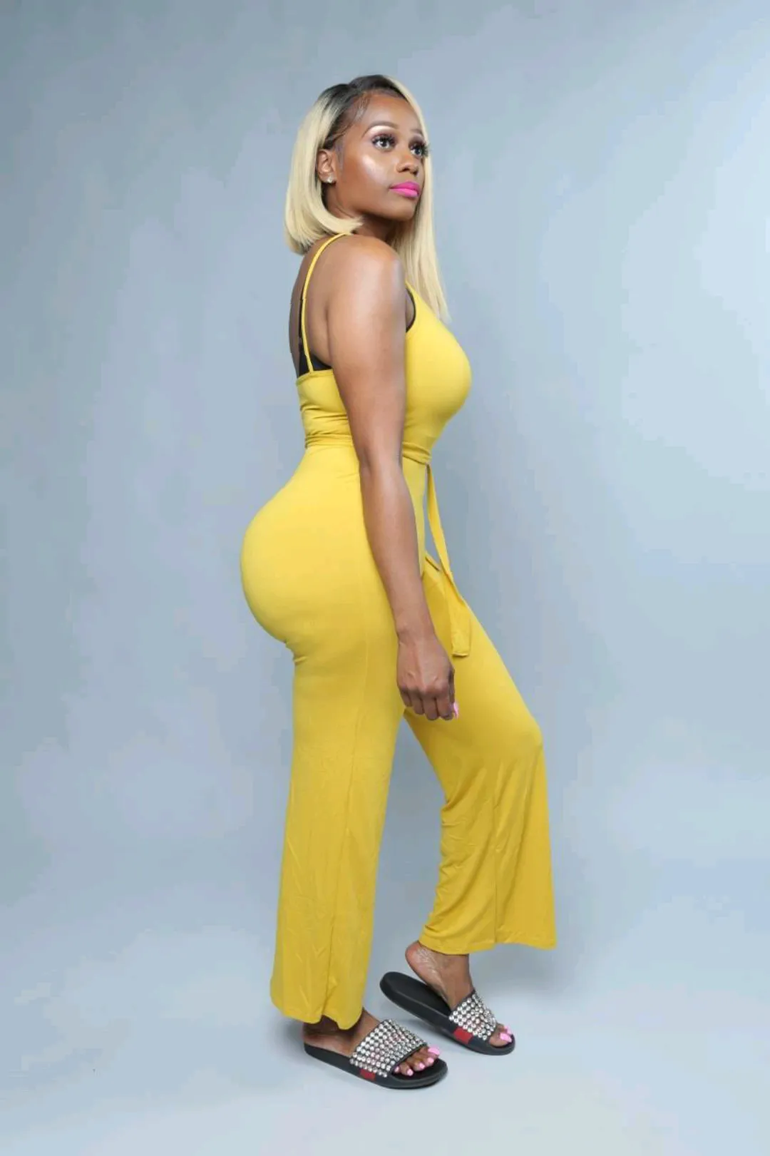 Kelsha Mustard Stretch Knit Wide Leg Jumpsuit