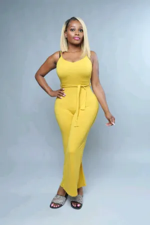 Kelsha Mustard Stretch Knit Wide Leg Jumpsuit