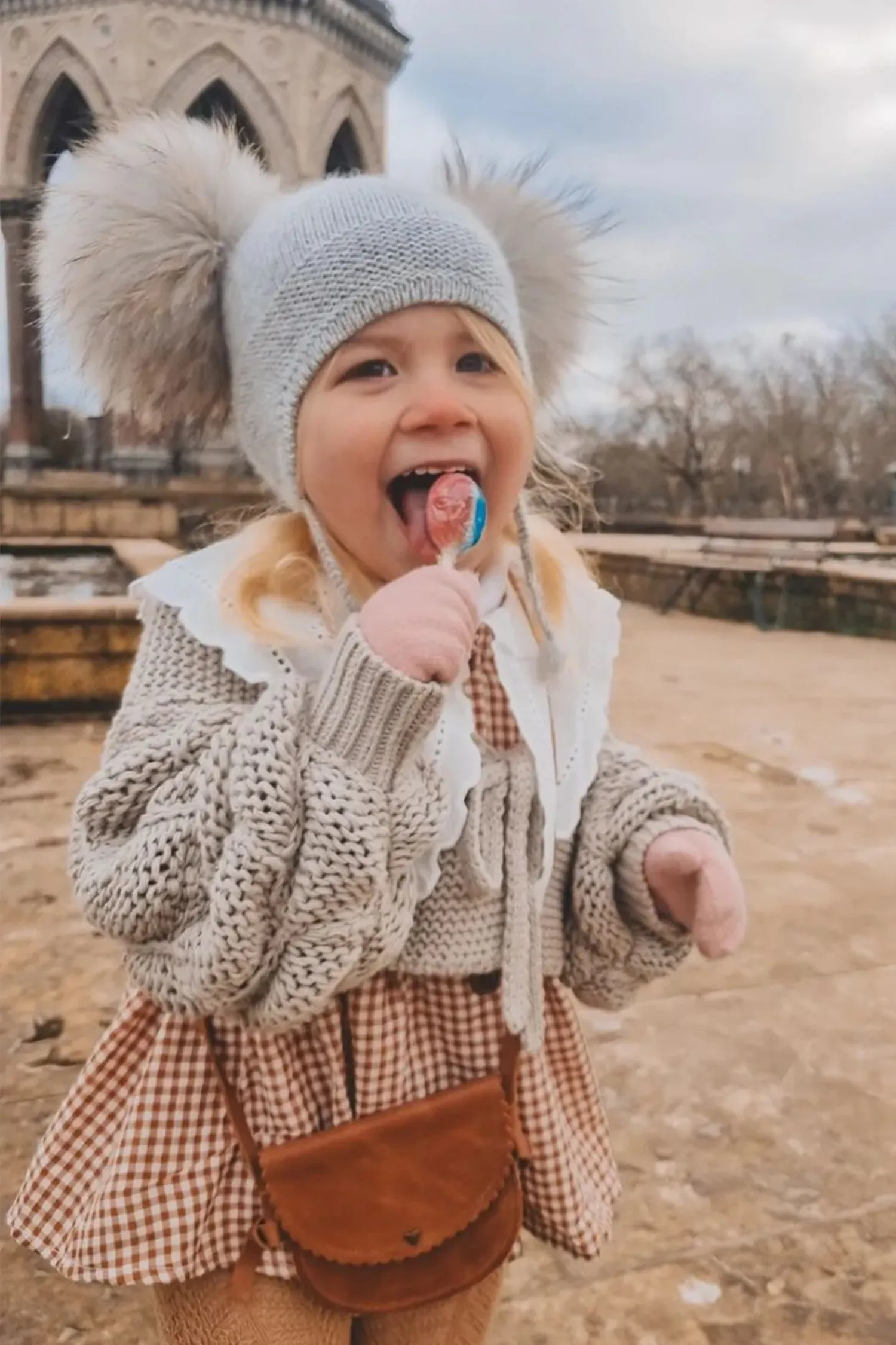 Kids Double Pom Beanie in Grey