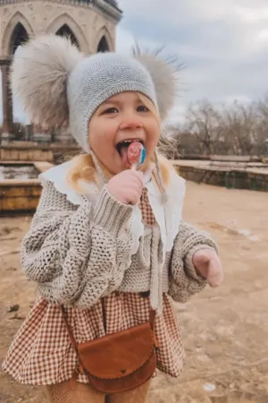 Kids Double Pom Beanie in Grey