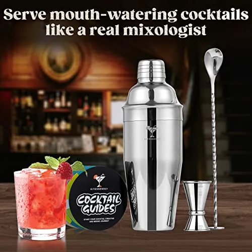 KITESSENSU Cocktail Shaker Set, Stainless Steel Martini Shaker Set with 24 Ounce cocktail mixer with Built in Drink shaker, Measuring Jigger, Bar Spoon & Drink Recipe Guide, Silver