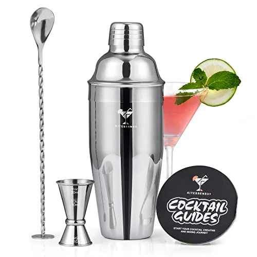 KITESSENSU Cocktail Shaker Set, Stainless Steel Martini Shaker Set with 24 Ounce cocktail mixer with Built in Drink shaker, Measuring Jigger, Bar Spoon & Drink Recipe Guide, Silver