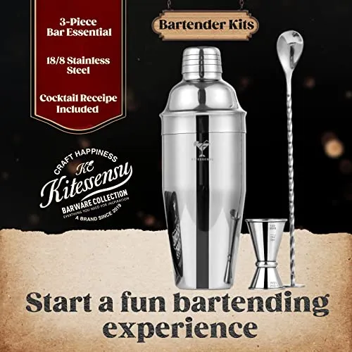 KITESSENSU Cocktail Shaker Set, Stainless Steel Martini Shaker Set with 24 Ounce cocktail mixer with Built in Drink shaker, Measuring Jigger, Bar Spoon & Drink Recipe Guide, Silver