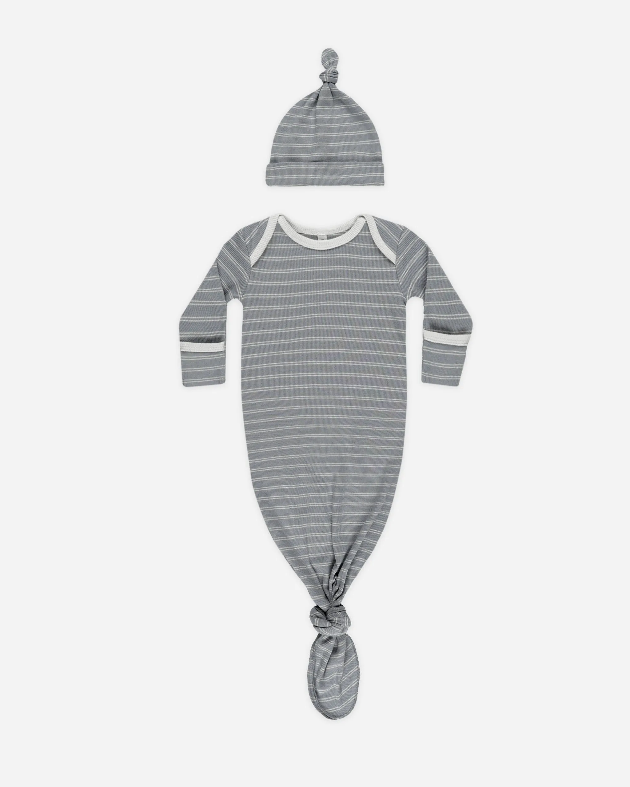 Knotted Baby Gown   Hat Set || Blue Pinstripe