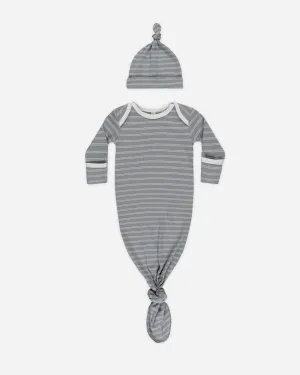 Knotted Baby Gown   Hat Set || Blue Pinstripe