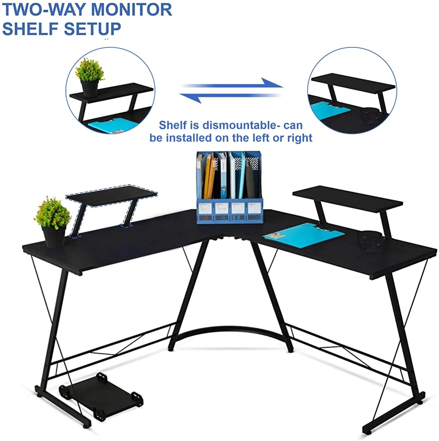 L-Shaped Corner PC Computer Desk, Large L Shape Wood Steel Metal Laptop Study Corner Workstation Gaming Desk Table for Home and Office - Black