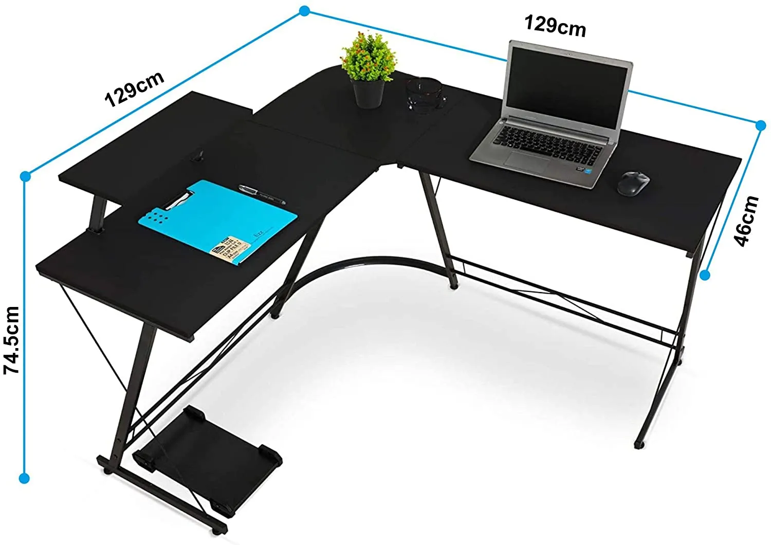 L-Shaped Corner PC Computer Desk, Large L Shape Wood Steel Metal Laptop Study Corner Workstation Gaming Desk Table for Home and Office - Black